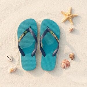 Havaianas Brasil Logo Flip Flops Teal Navy NWT Womens Size 6 (35/36)